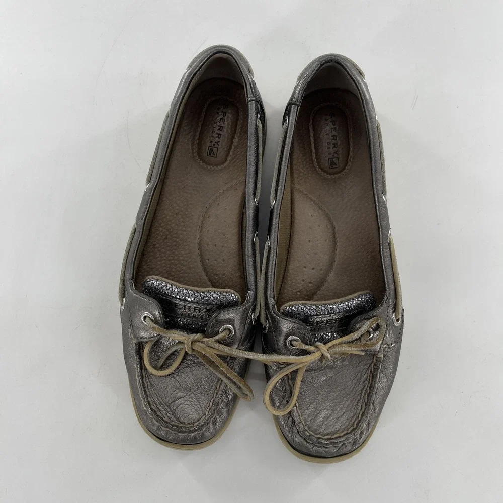 Sperry Angelfish Top-Sider Women 9 Silver Leather Shimmer Boat Shoe Preppy Deck‎
